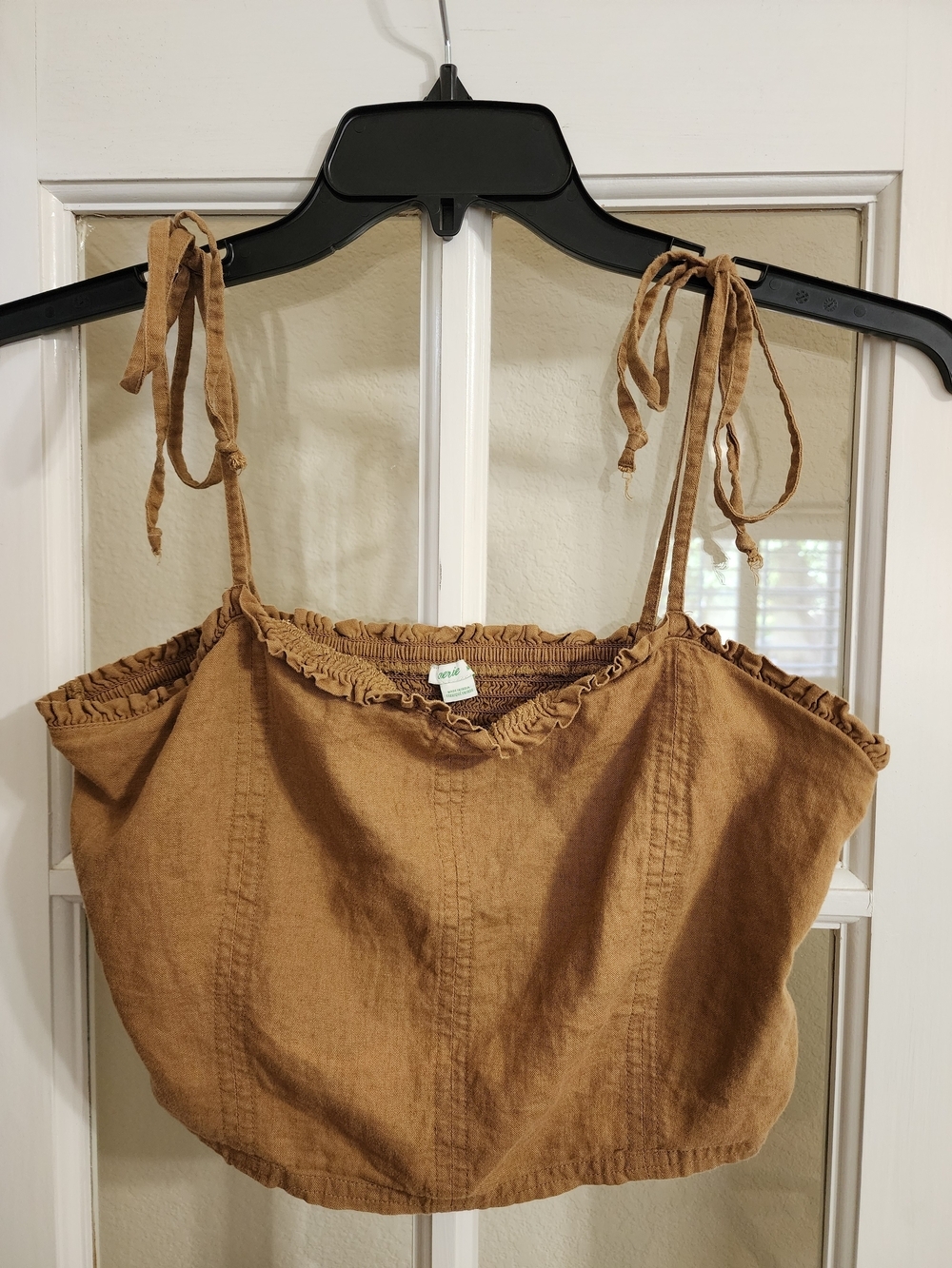 Aerie Linen Blend Tie Shoulder Smocked Crop Cami Brown Boho Medium